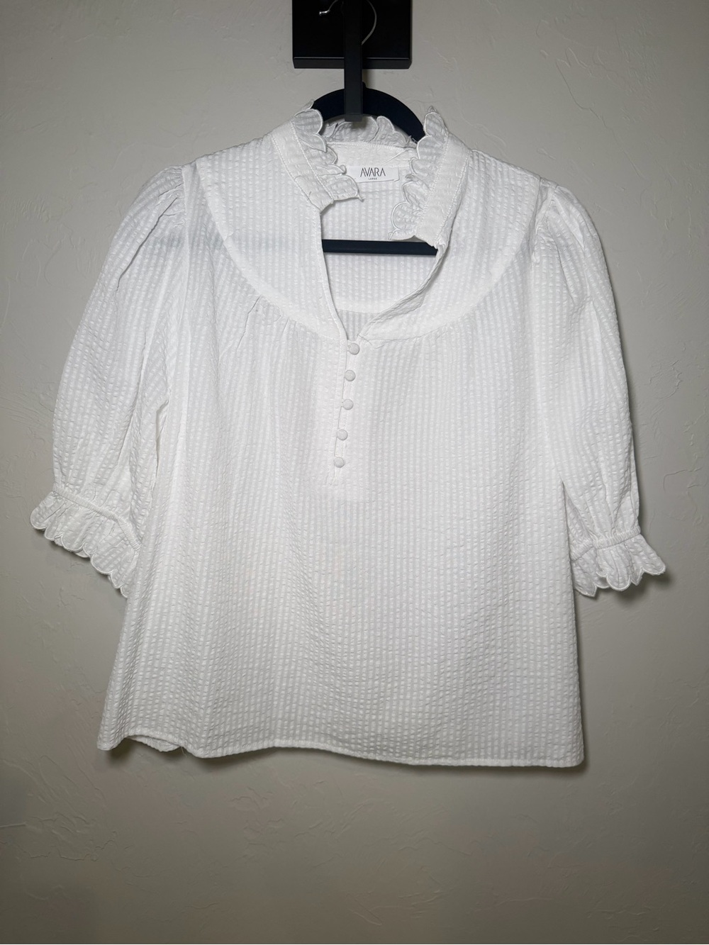 Anine Bing White Textured Ruffle Collar Blouse